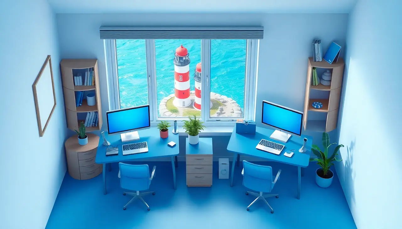 Illustration of a workspace by a window overlooking the coast