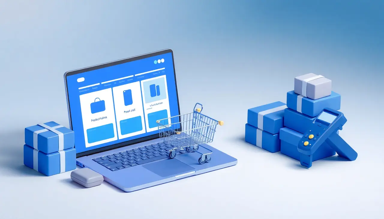 Illustration of an online store with parcels and a payment terminal