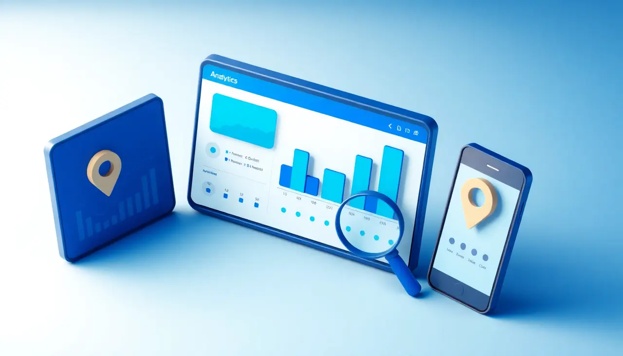 Illustration of analytics charts and a map pin