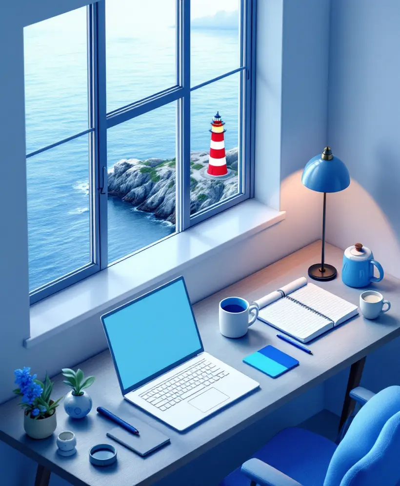 Illustration of a desk workspace looking out over the coast and a lighthouse