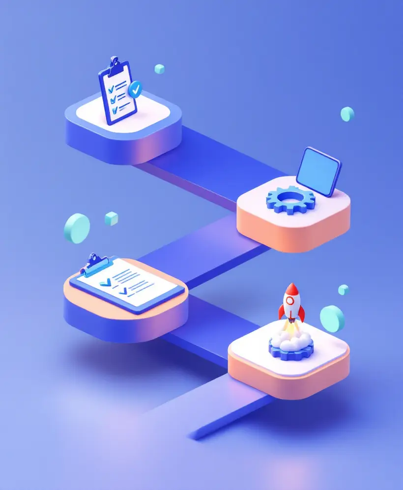 Illustration of a four-step project path from planning to launch