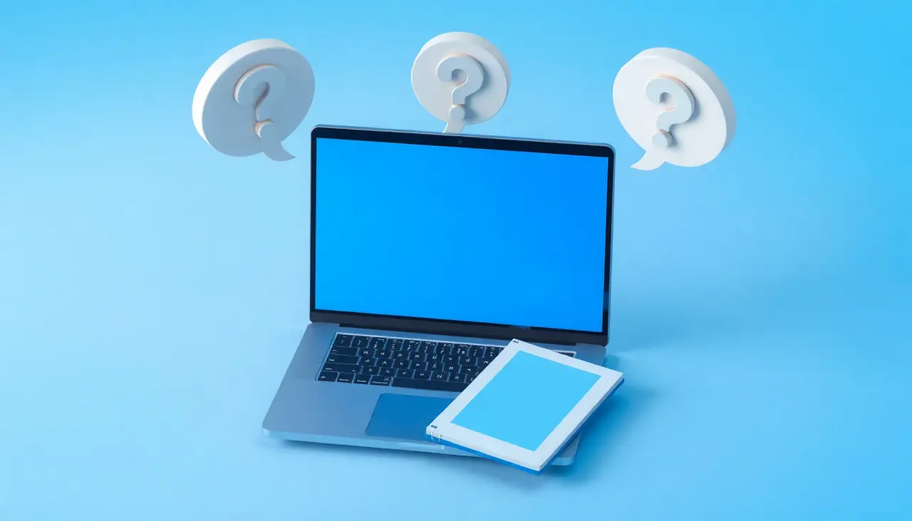 Illustration of question marks, a laptop and a notepad