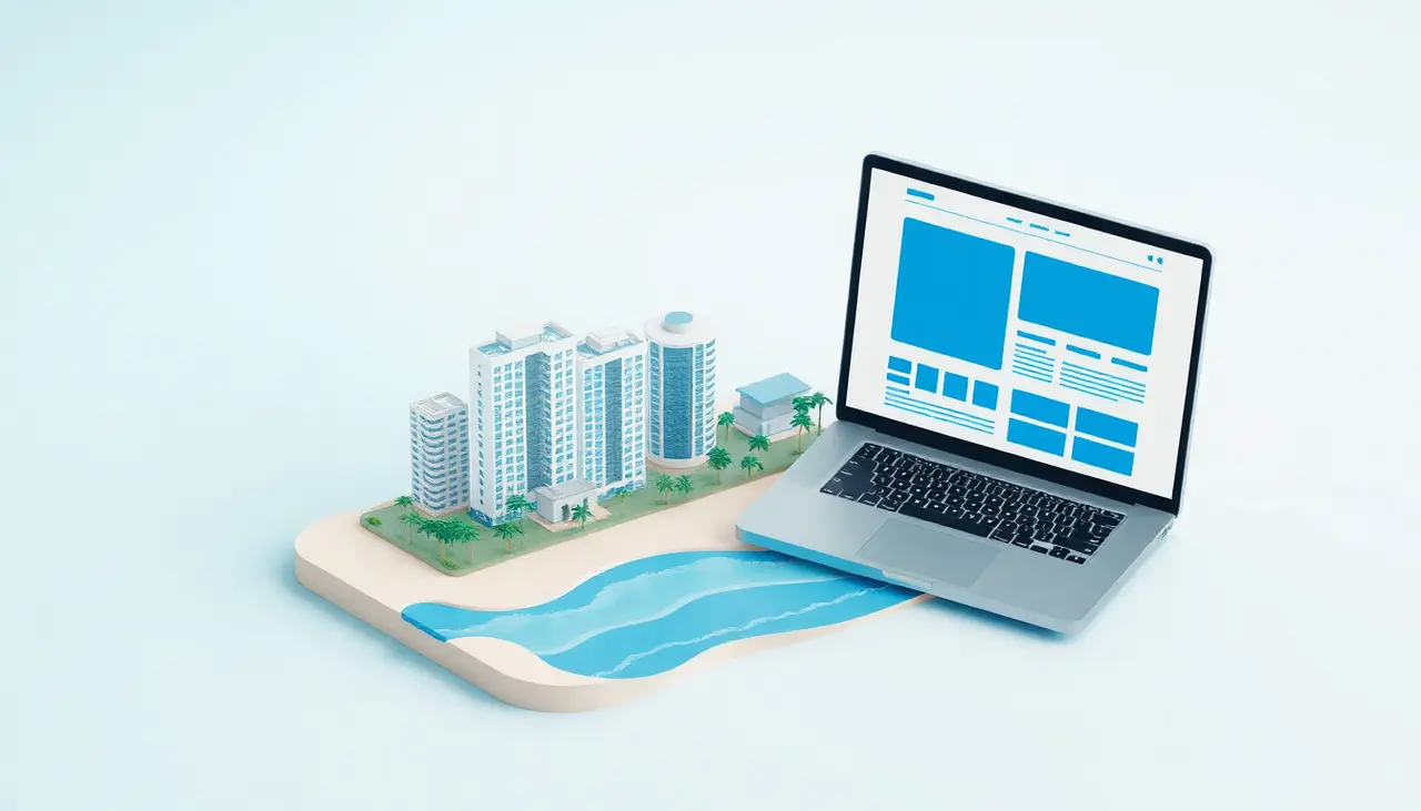 Illustration of a coastal city skyline next to a laptop