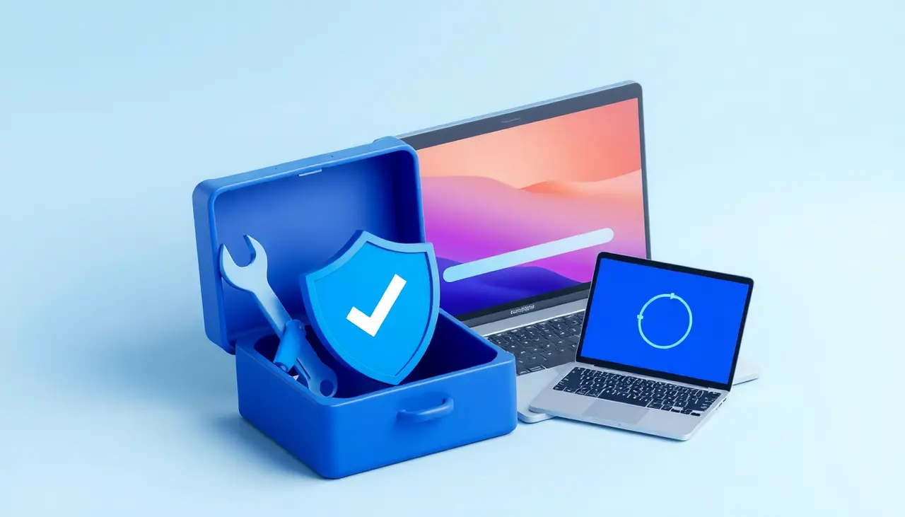 Illustration of tools, a shield and a cloud backup in front of a laptop